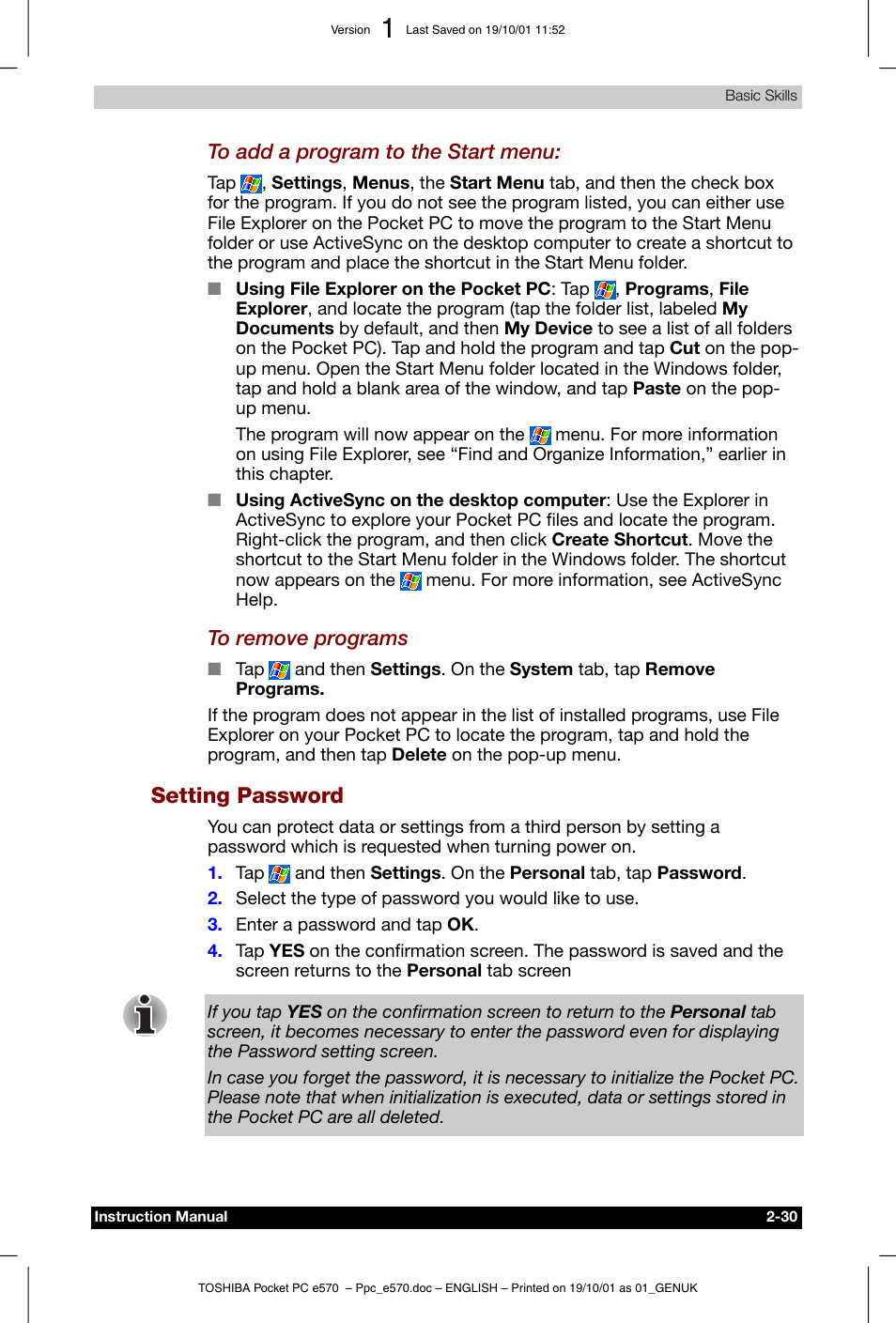 Setting password | Toshiba Pocket PC e570 User Manual | Page 42 / 103