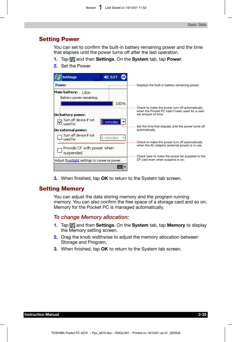 Setting power | Toshiba Pocket PC e570 User Manual | Page 44 / 103