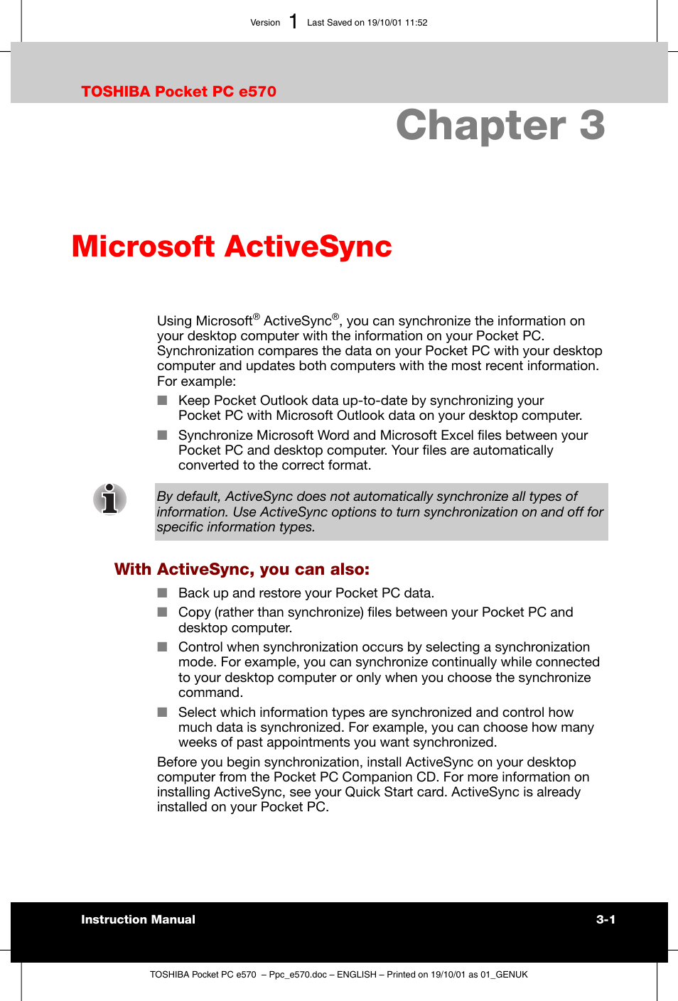 Microsoft activesync, Chapter 3 | Toshiba Pocket PC e570 User Manual | Page 46 / 103