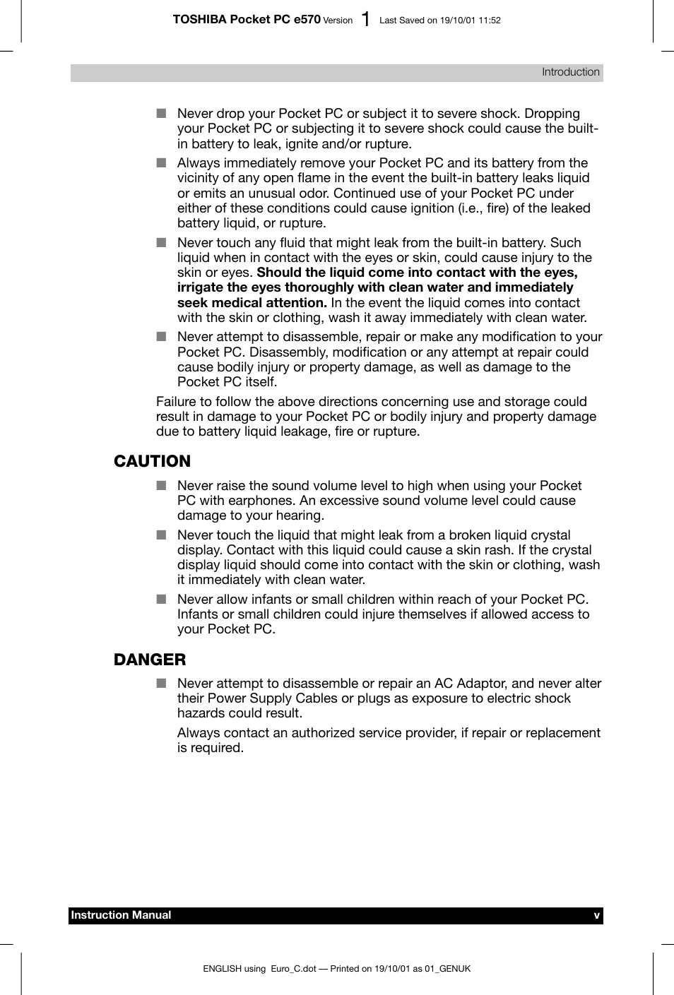 Caution, Danger | Toshiba Pocket PC e570 User Manual | Page 5 / 103