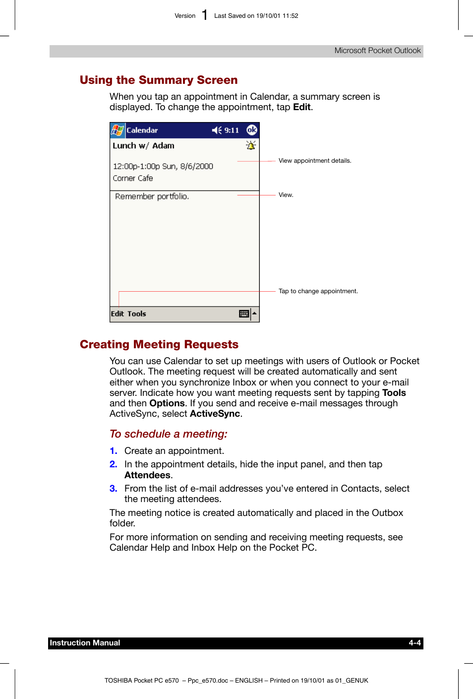 Using the summary screen, Creating meeting requests | Toshiba Pocket PC e570 User Manual | Page 51 / 103