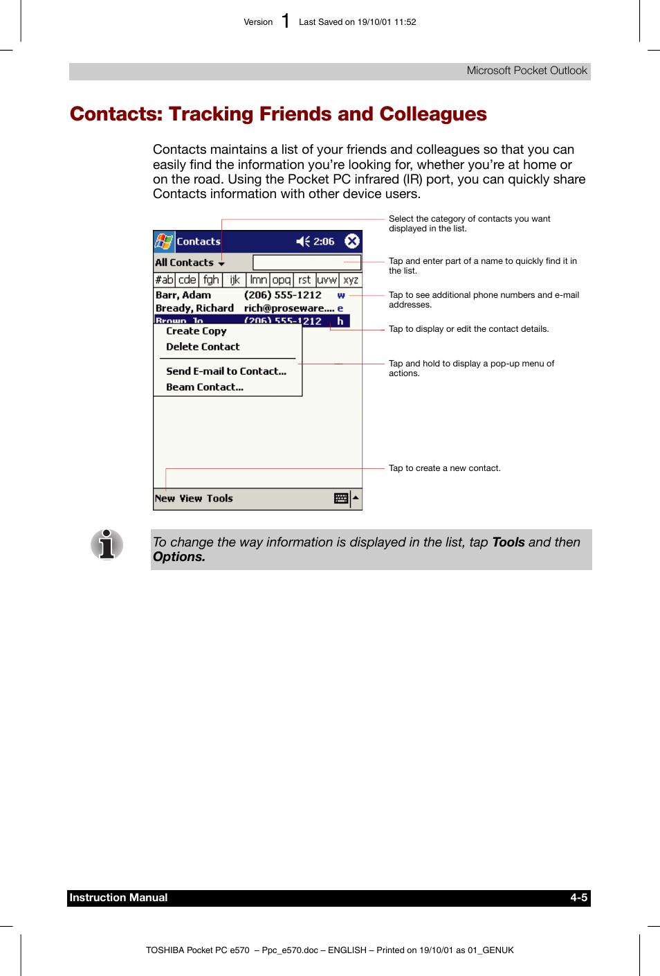 Contacts: tracking friends and colleagues | Toshiba Pocket PC e570 User Manual | Page 52 / 103