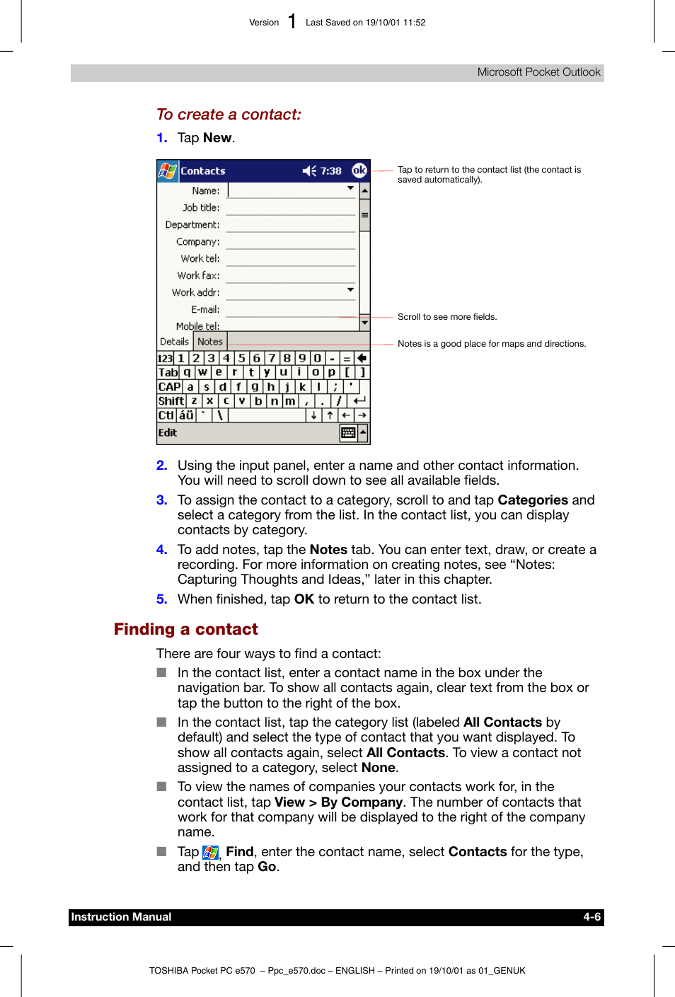 Finding a contact | Toshiba Pocket PC e570 User Manual | Page 53 / 103