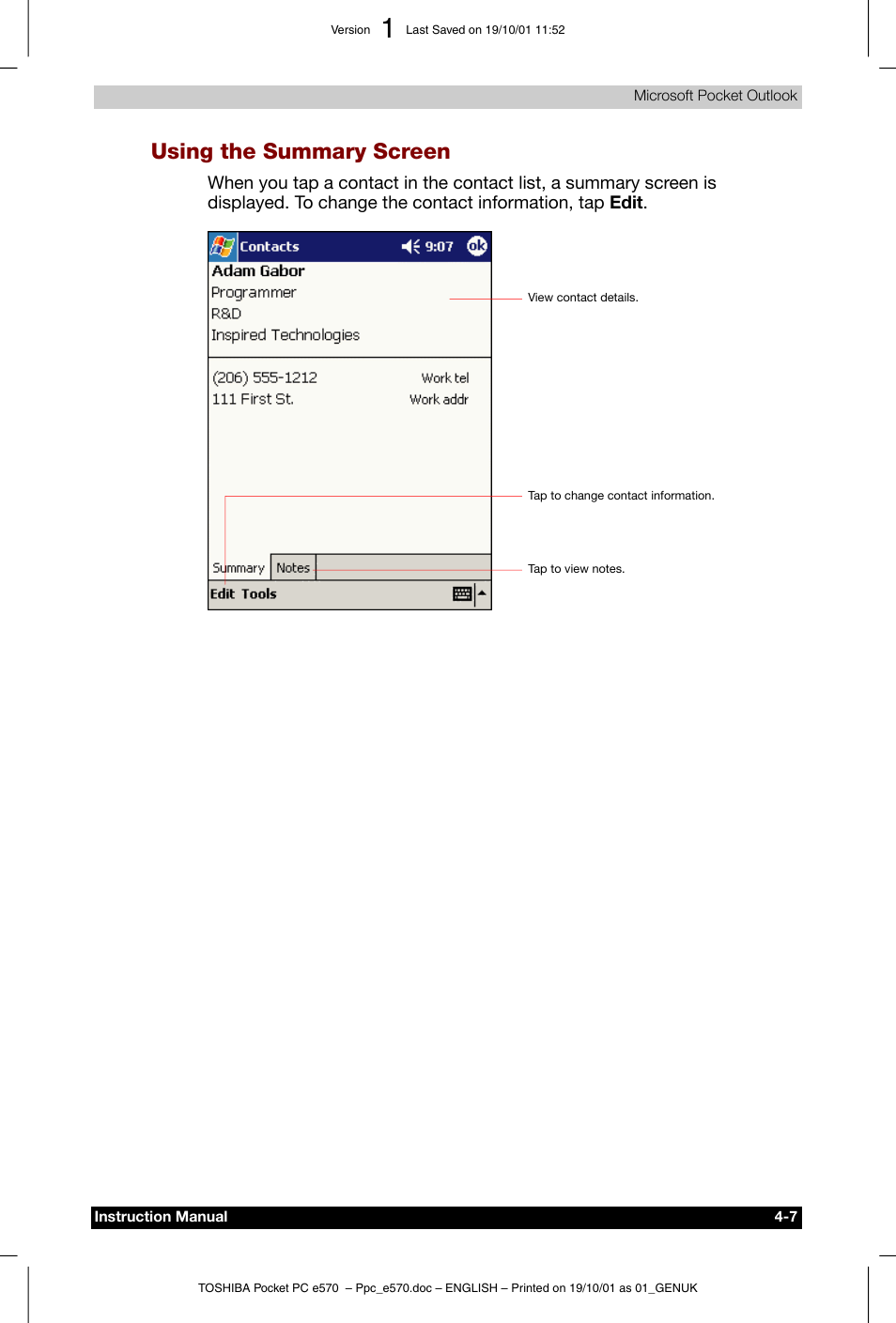 Using the summary screen | Toshiba Pocket PC e570 User Manual | Page 54 / 103