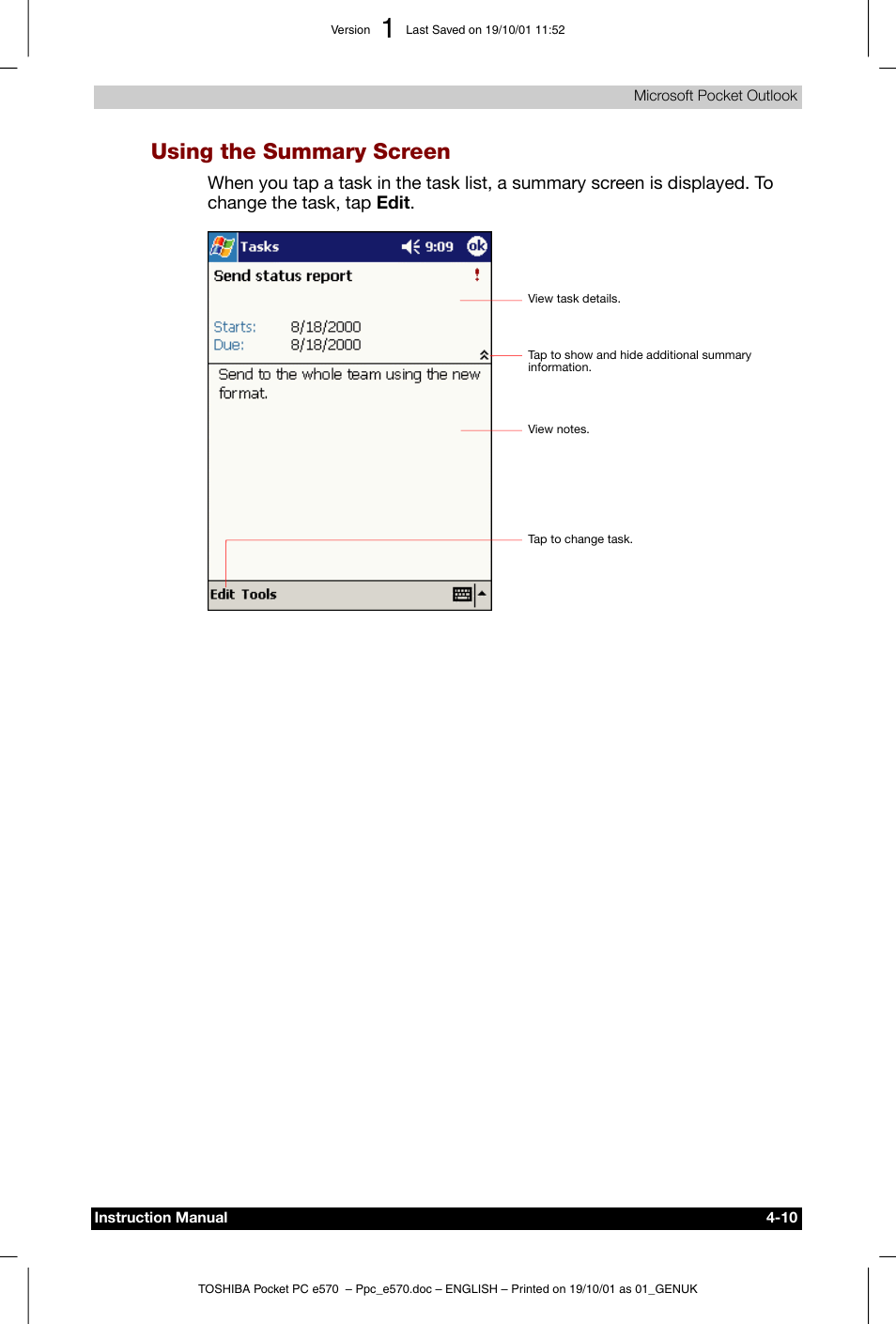 Using the summary screen | Toshiba Pocket PC e570 User Manual | Page 57 / 103