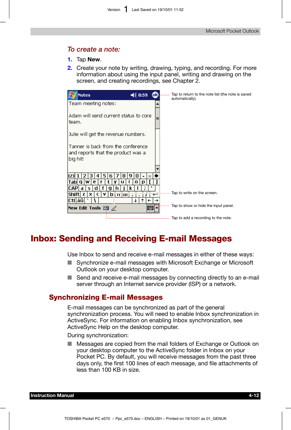 Inbox: sending and receiving e-mail messages, Synchronizing e-mail messages | Toshiba Pocket PC e570 User Manual | Page 59 / 103