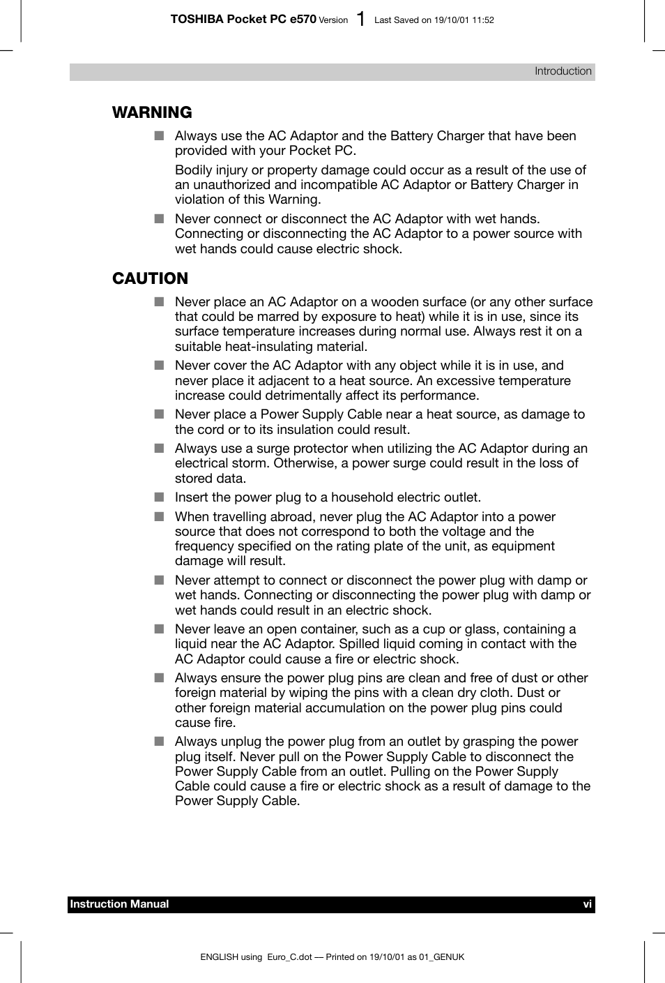 Warning, Caution | Toshiba Pocket PC e570 User Manual | Page 6 / 103