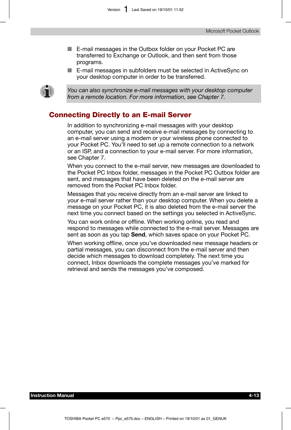 Connecting directly to an e-mail server | Toshiba Pocket PC e570 User Manual | Page 60 / 103