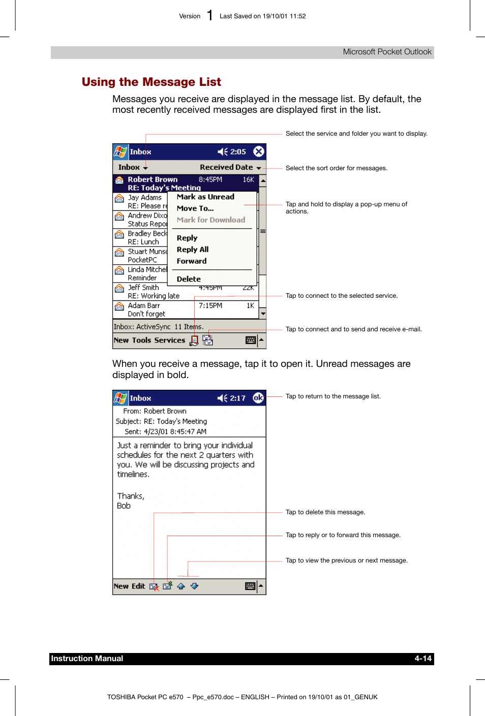 Using the message list | Toshiba Pocket PC e570 User Manual | Page 61 / 103