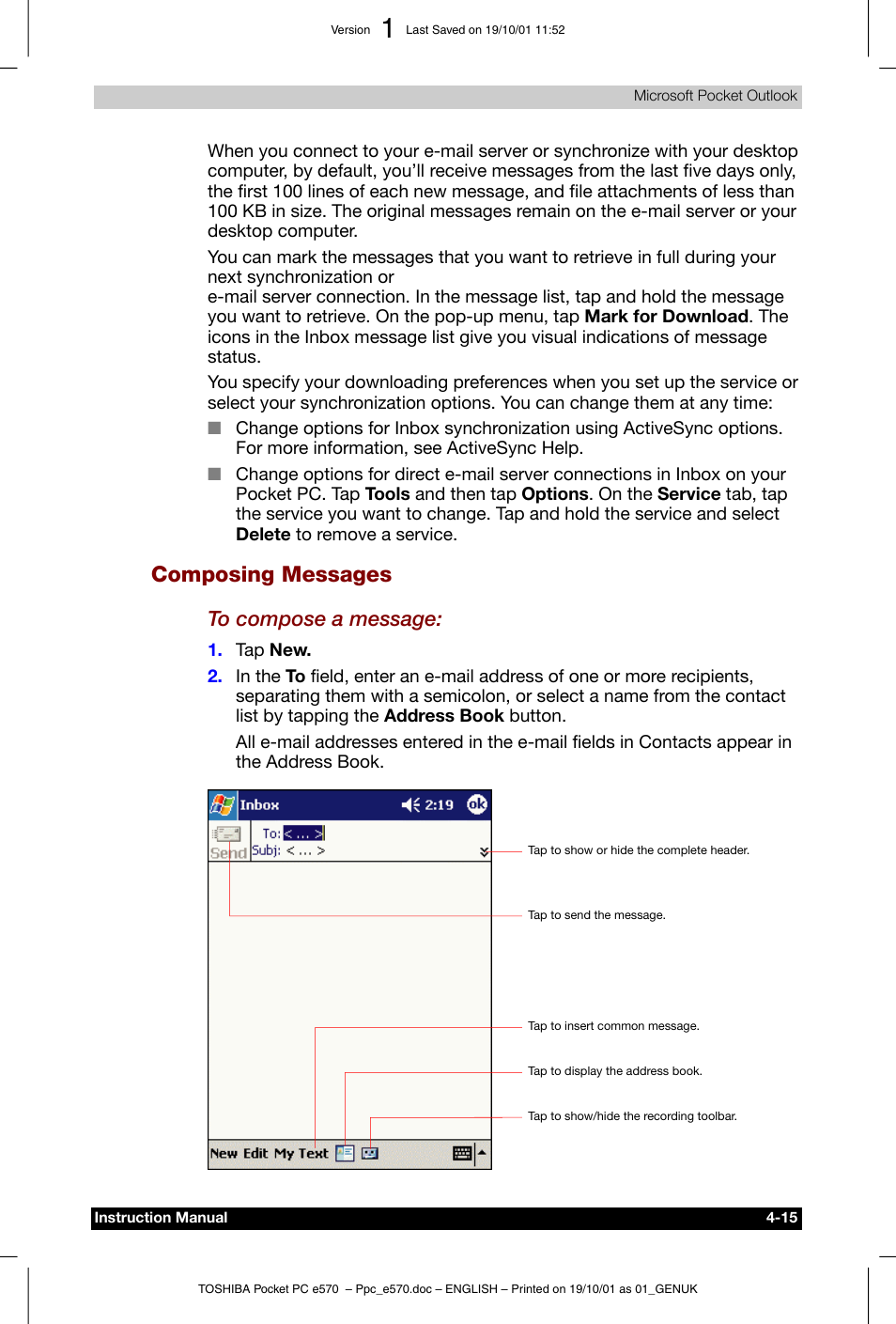 Composing messages | Toshiba Pocket PC e570 User Manual | Page 62 / 103