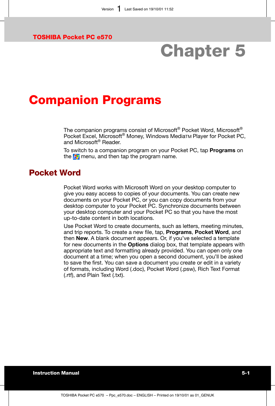 Companion programs, Pocket word, Chapter 5 | Toshiba Pocket PC e570 User Manual | Page 64 / 103