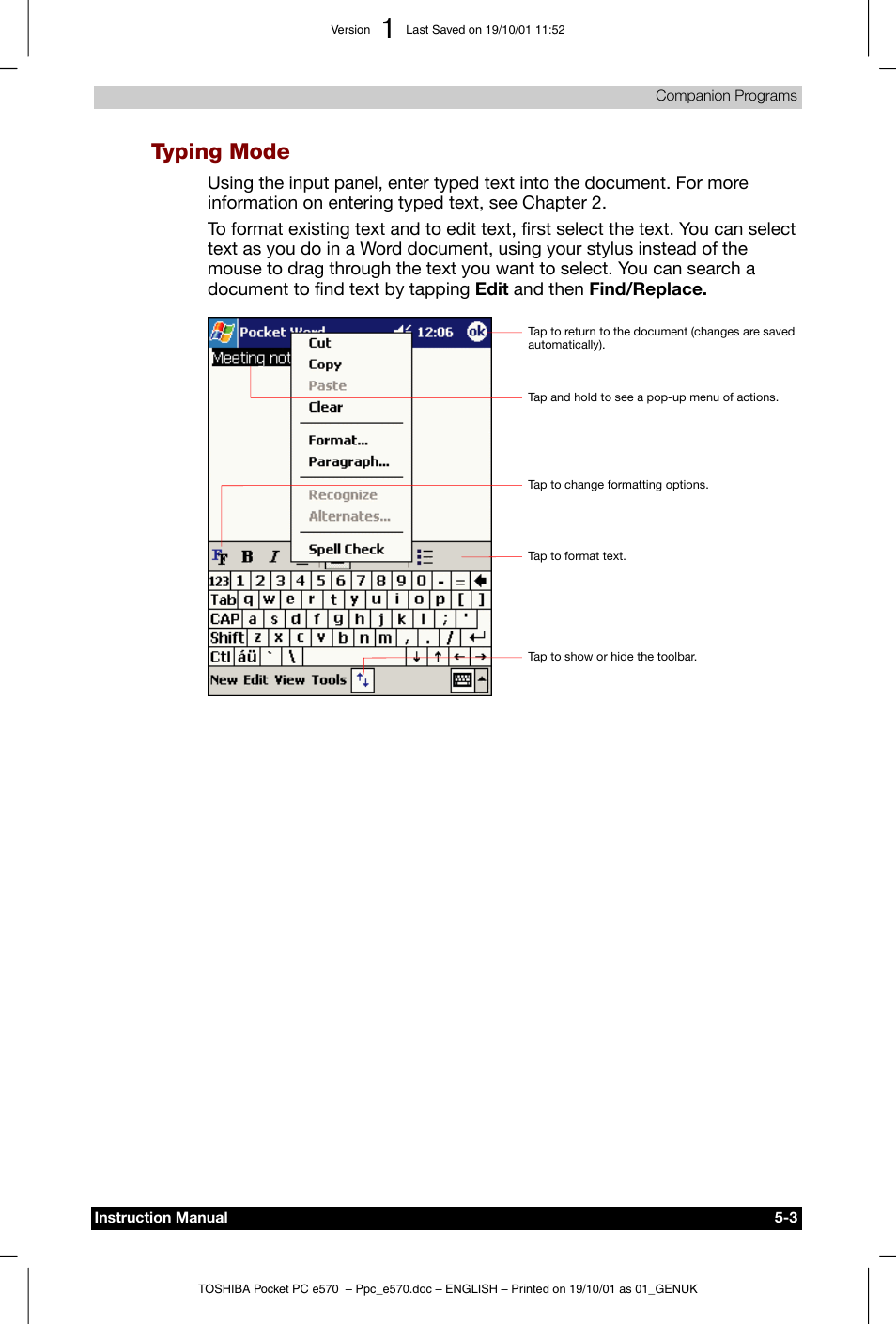 Typing mode | Toshiba Pocket PC e570 User Manual | Page 66 / 103