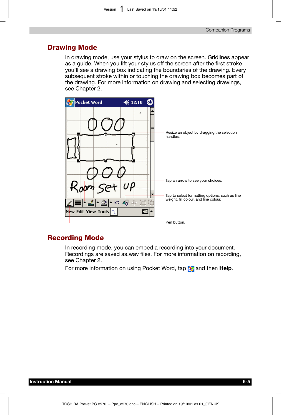 Drawing mode, Recording mode | Toshiba Pocket PC e570 User Manual | Page 68 / 103