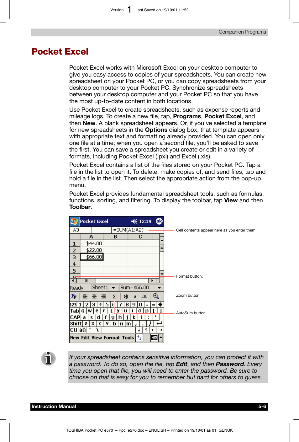 Pocket excel | Toshiba Pocket PC e570 User Manual | Page 69 / 103