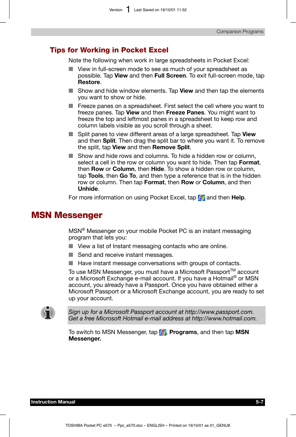 Msn messenger, Tips for working in pocket excel | Toshiba Pocket PC e570 User Manual | Page 70 / 103