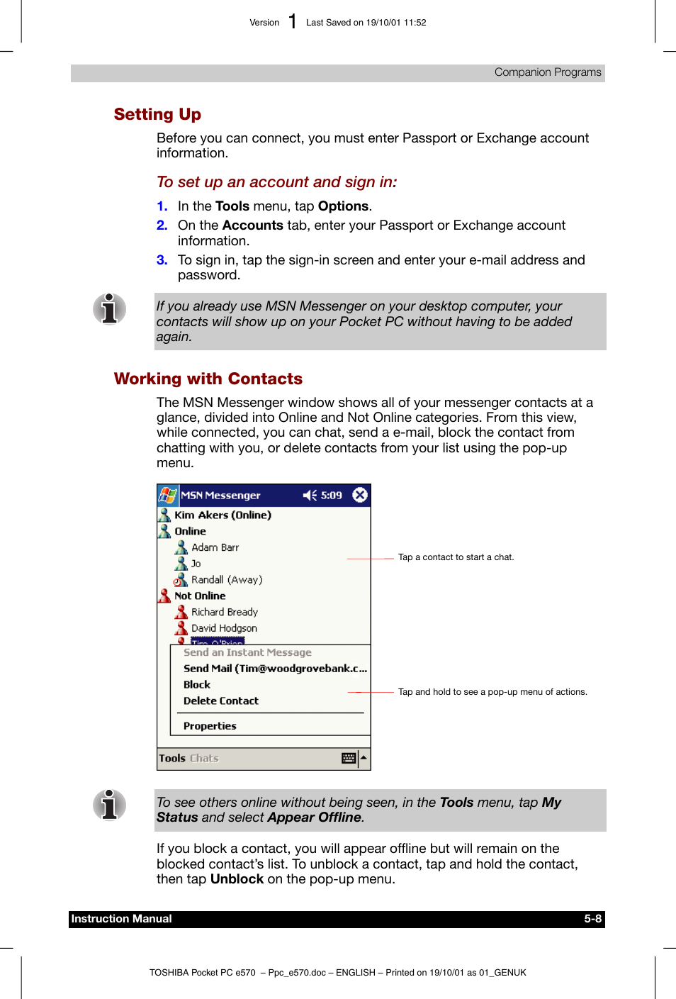 Setting up, Working with contacts | Toshiba Pocket PC e570 User Manual | Page 71 / 103