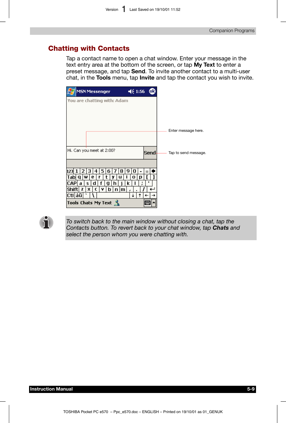 Chatting with contacts | Toshiba Pocket PC e570 User Manual | Page 72 / 103