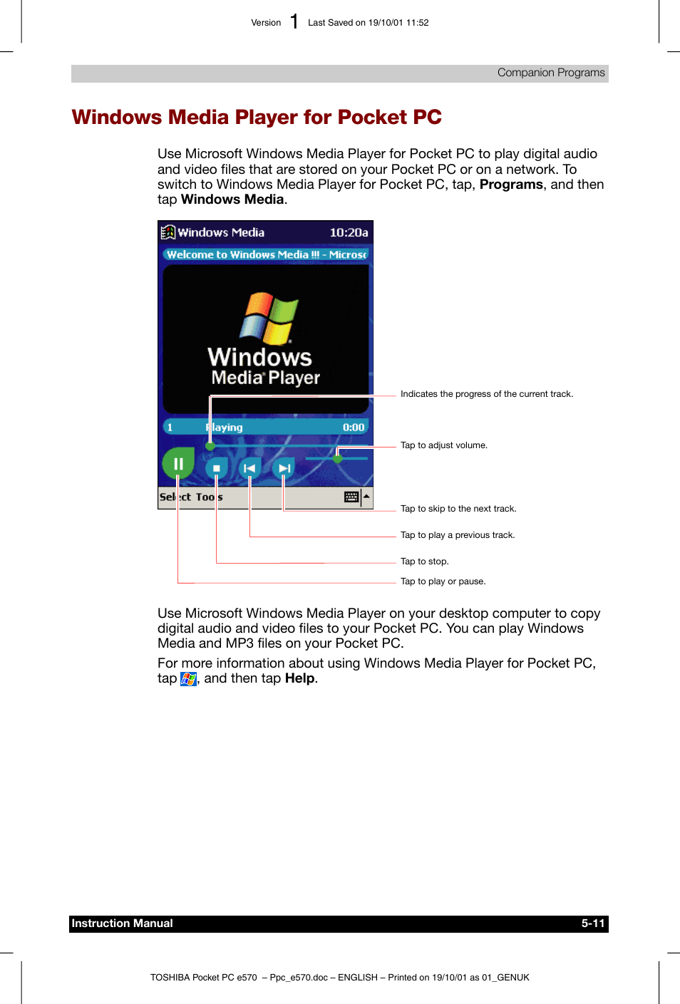 Windows media player for pocket pc | Toshiba Pocket PC e570 User Manual | Page 74 / 103