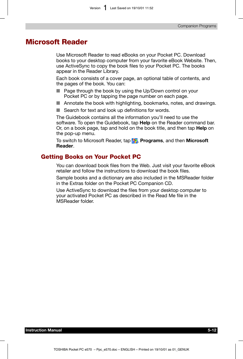 Microsoft reader, Getting books on your pocket pc | Toshiba Pocket PC e570 User Manual | Page 75 / 103