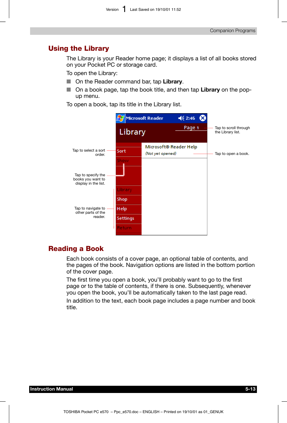 Using the library, Reading a book | Toshiba Pocket PC e570 User Manual | Page 76 / 103