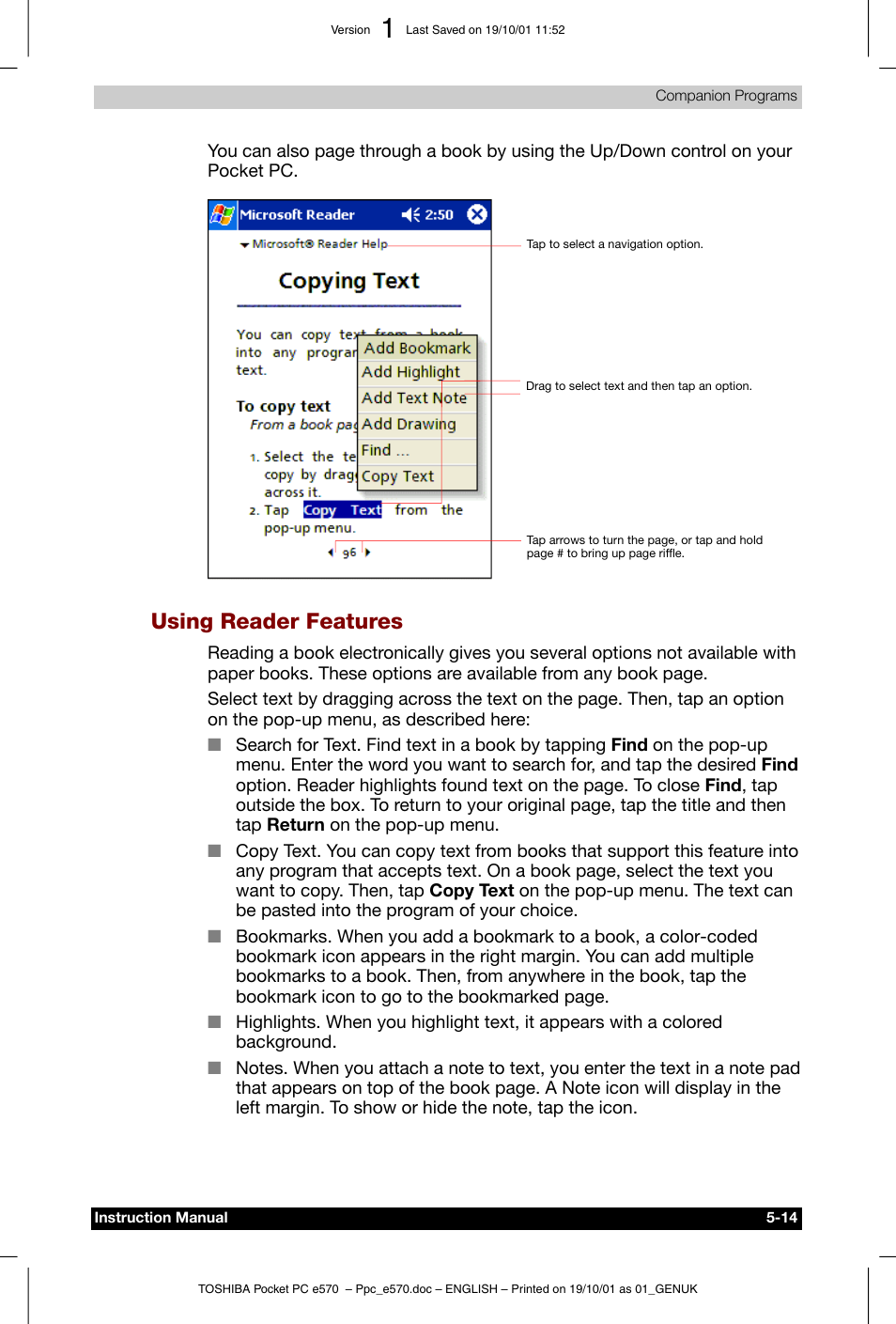 Using reader features | Toshiba Pocket PC e570 User Manual | Page 77 / 103