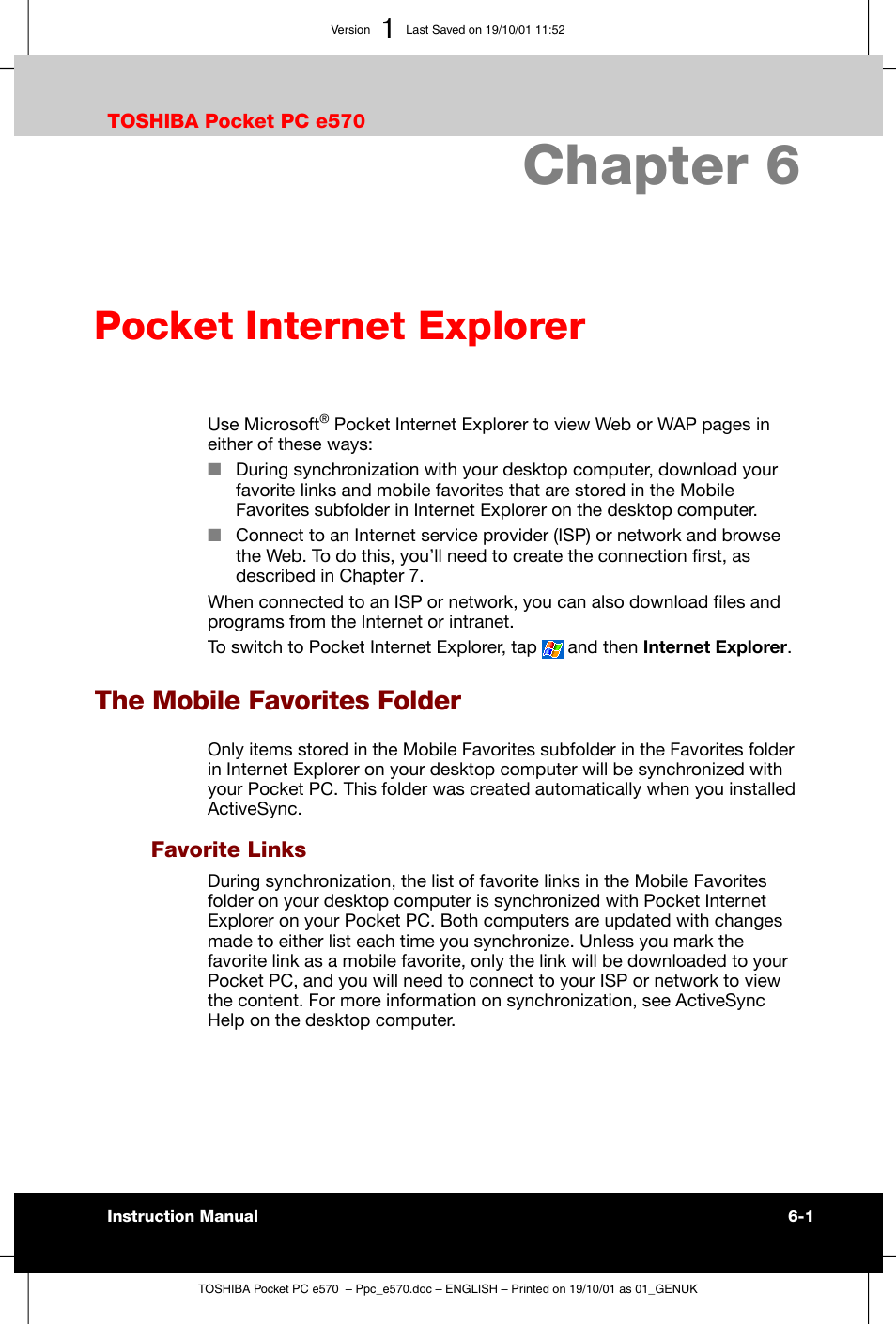 Pocket internet explorer, The mobile favorites folder, Chapter 6 | Toshiba Pocket PC e570 User Manual | Page 79 / 103