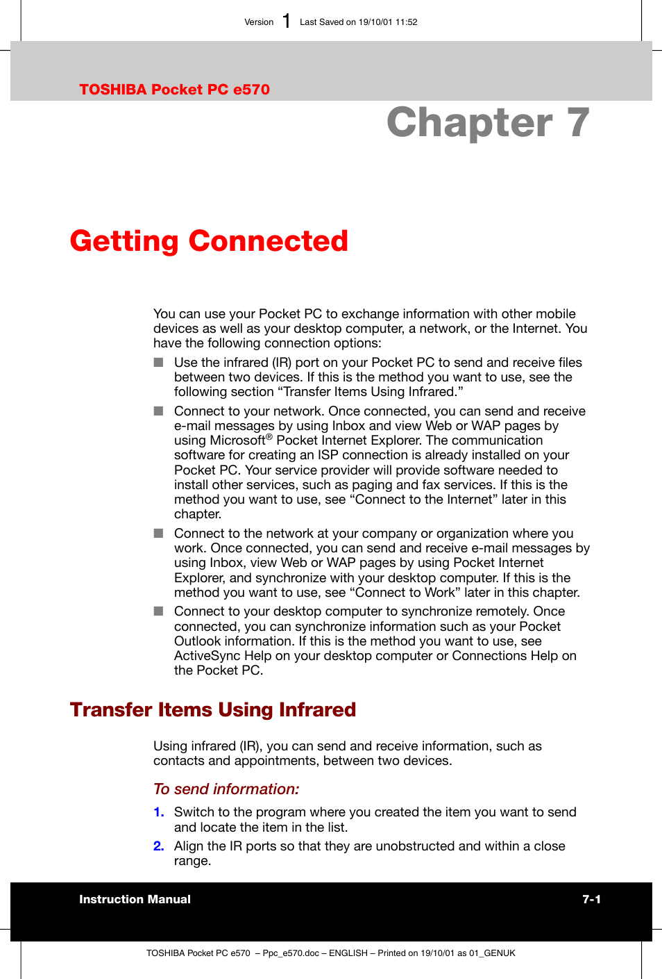 Getting connected, Transfer items using infrared, Chapter 7 | Toshiba Pocket PC e570 User Manual | Page 83 / 103