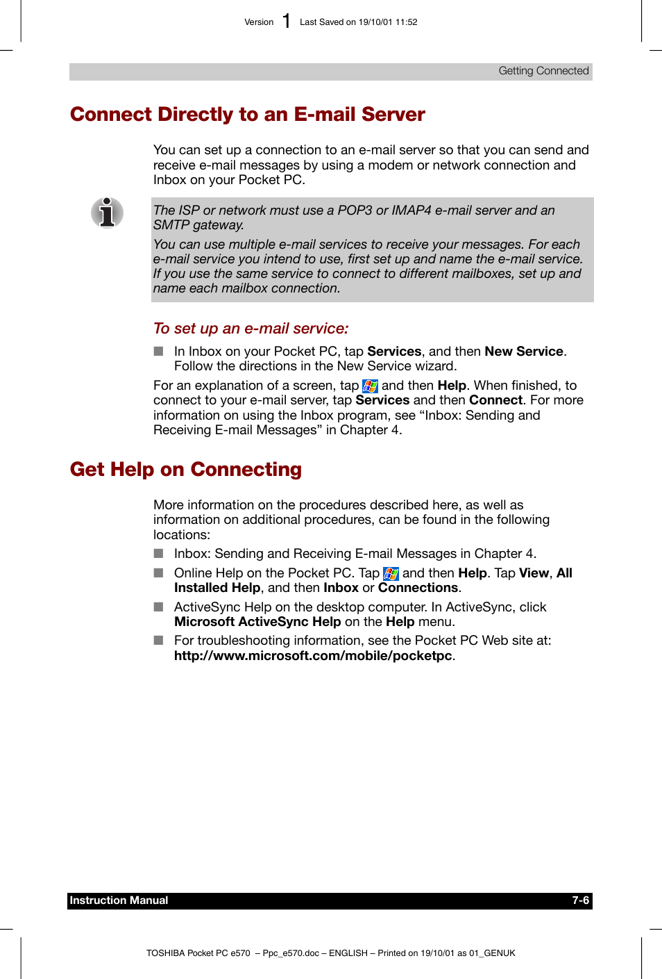Connect directly to an e-mail server, Get help on connecting | Toshiba Pocket PC e570 User Manual | Page 88 / 103