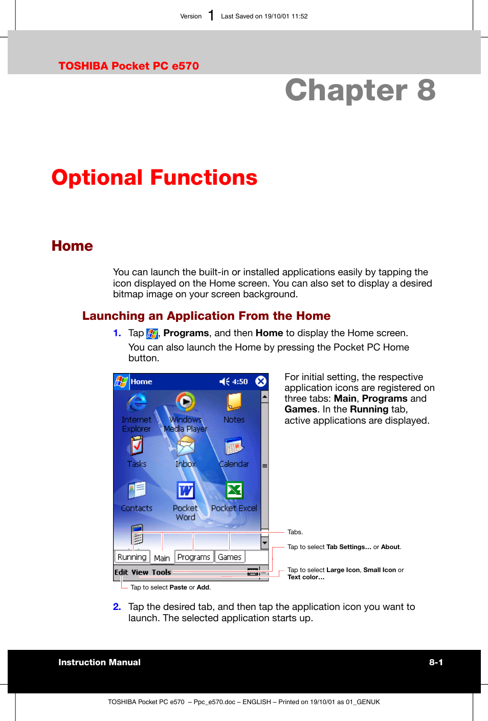 Optional functions, Home, Chapter 8 | Launching an application from the home | Toshiba Pocket PC e570 User Manual | Page 89 / 103