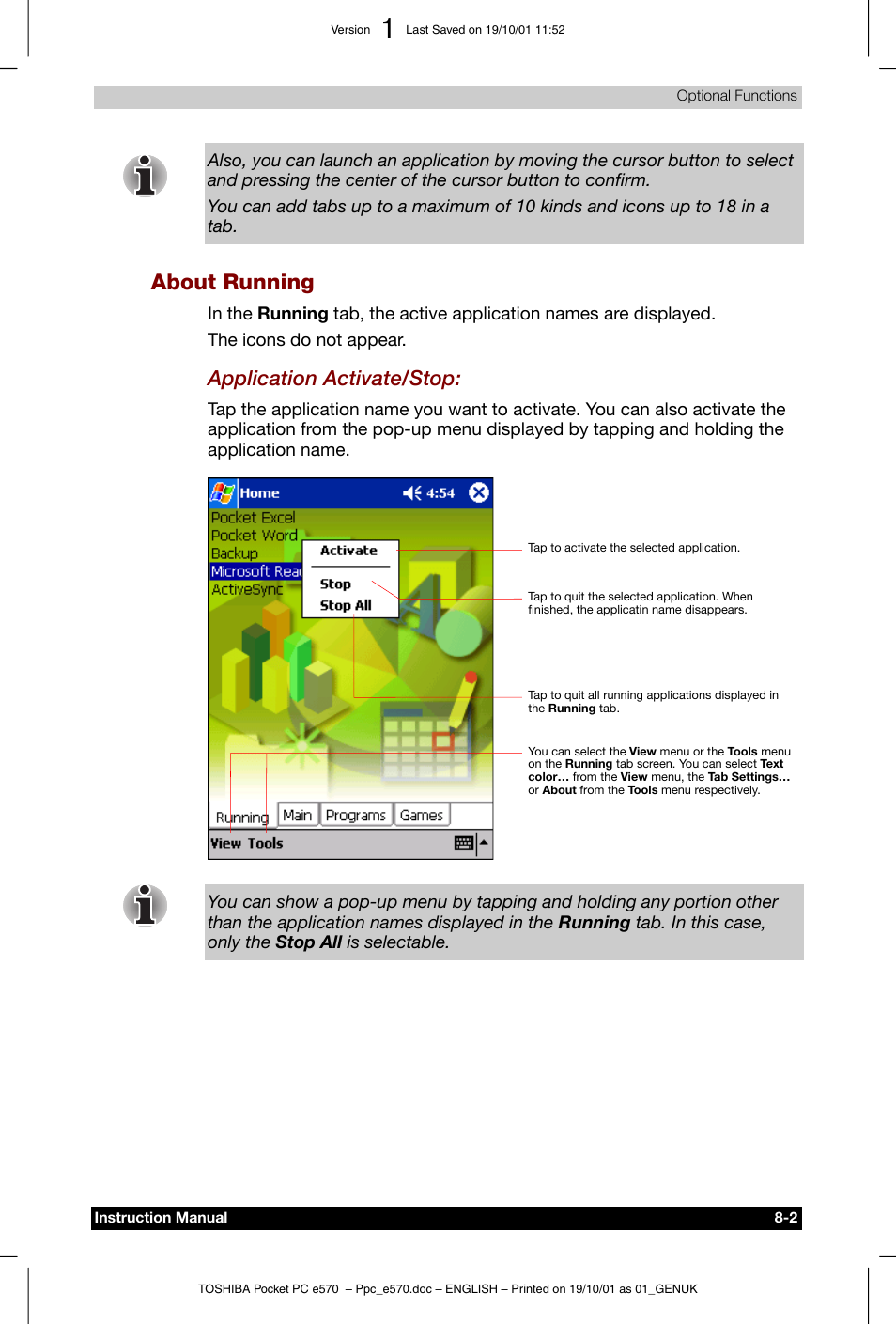 About running, Application activate/stop | Toshiba Pocket PC e570 User Manual | Page 90 / 103