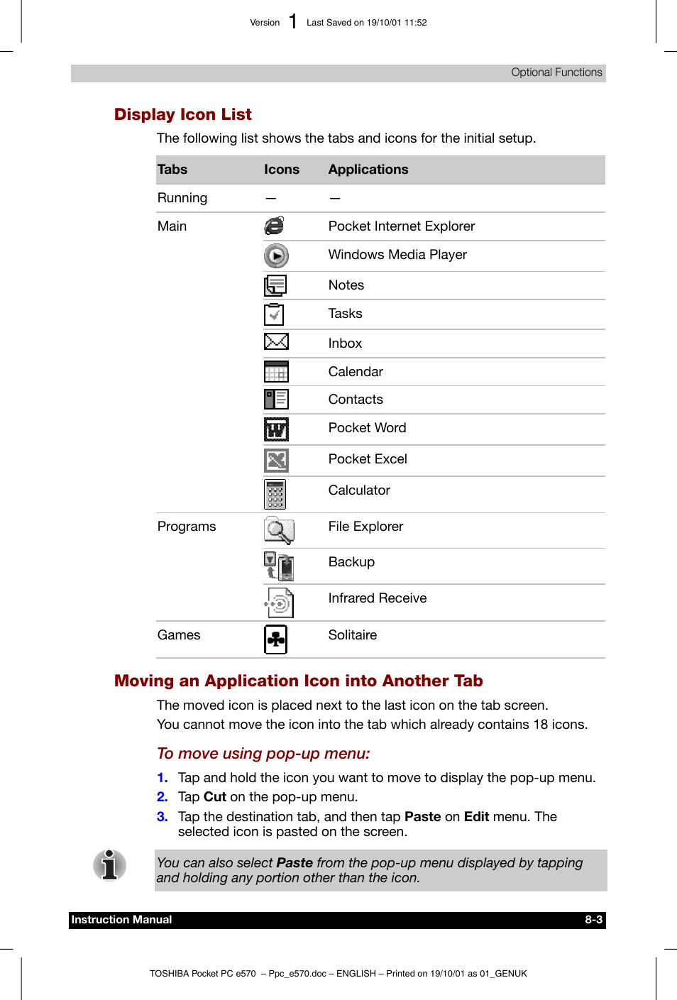 Display icon list, Moving an application icon into another tab | Toshiba Pocket PC e570 User Manual | Page 91 / 103
