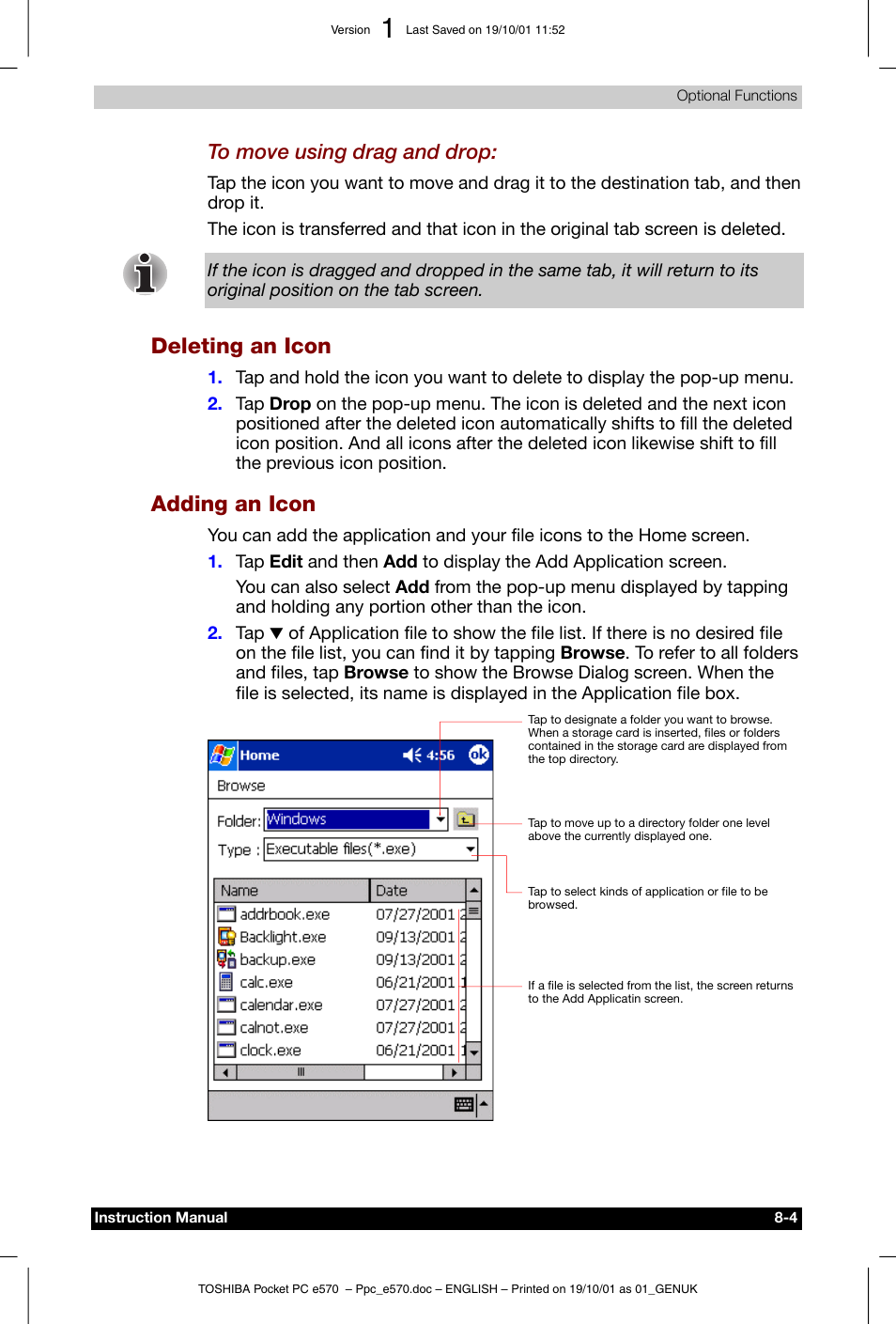 Deleting an icon, Adding an icon | Toshiba Pocket PC e570 User Manual | Page 92 / 103