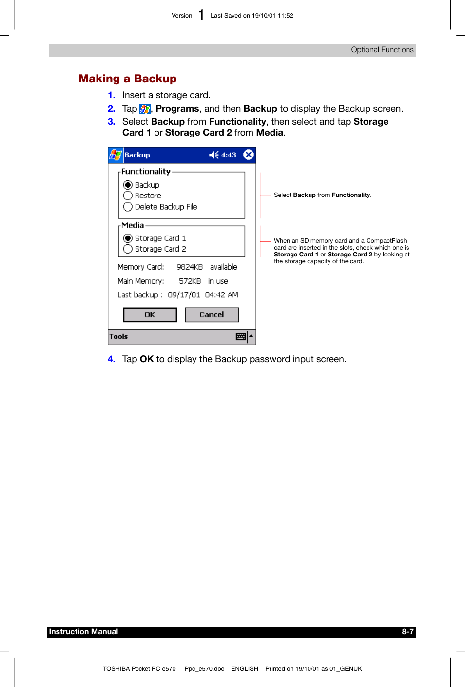 Making a backup | Toshiba Pocket PC e570 User Manual | Page 95 / 103