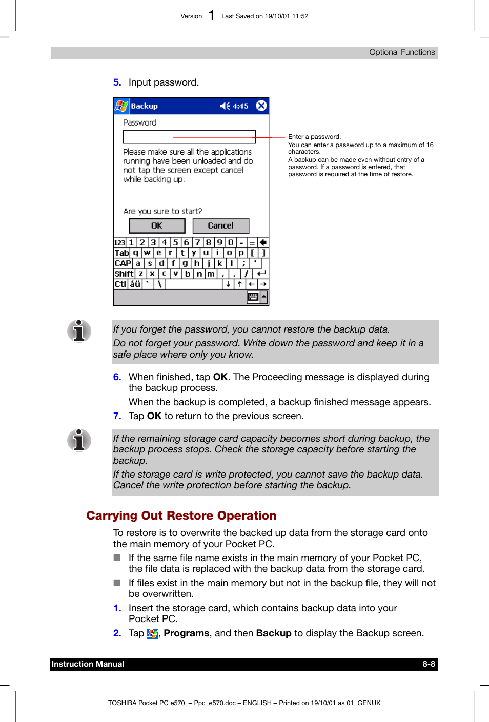 Carrying out restore operation | Toshiba Pocket PC e570 User Manual | Page 96 / 103