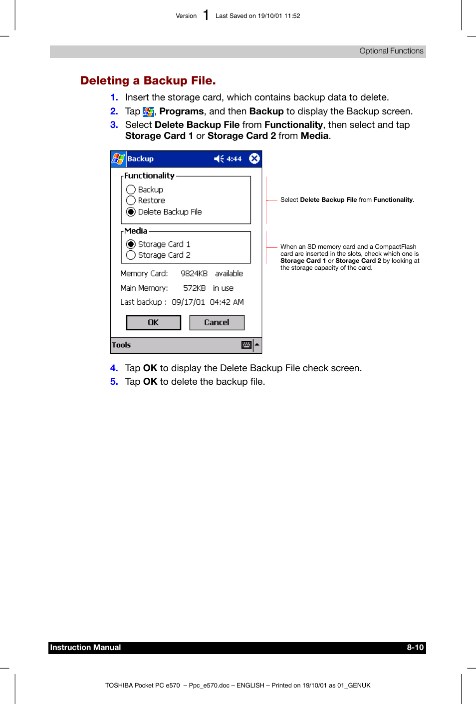 Deleting a backup file | Toshiba Pocket PC e570 User Manual | Page 98 / 103