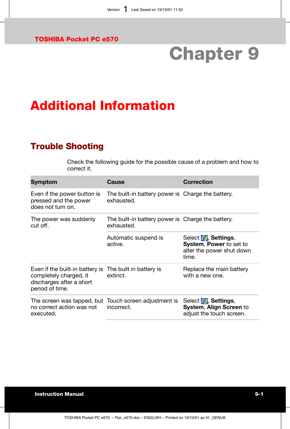 Additional information, Trouble shooting, Chapter 9 | Toshiba Pocket PC e570 User Manual | Page 99 / 103