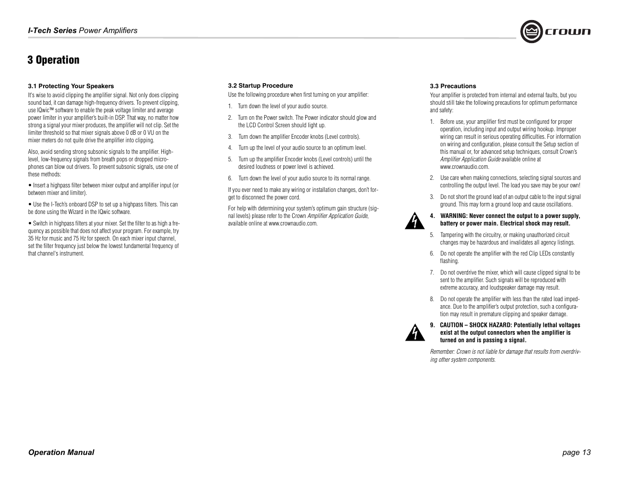3 operation | Crown Audio I-Tech Series User Manual | Page 13 / 48