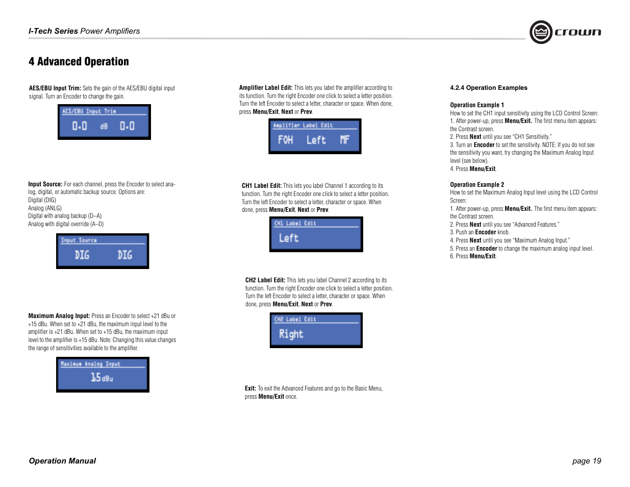 4 advanced operation | Crown Audio I-Tech Series User Manual | Page 19 / 48