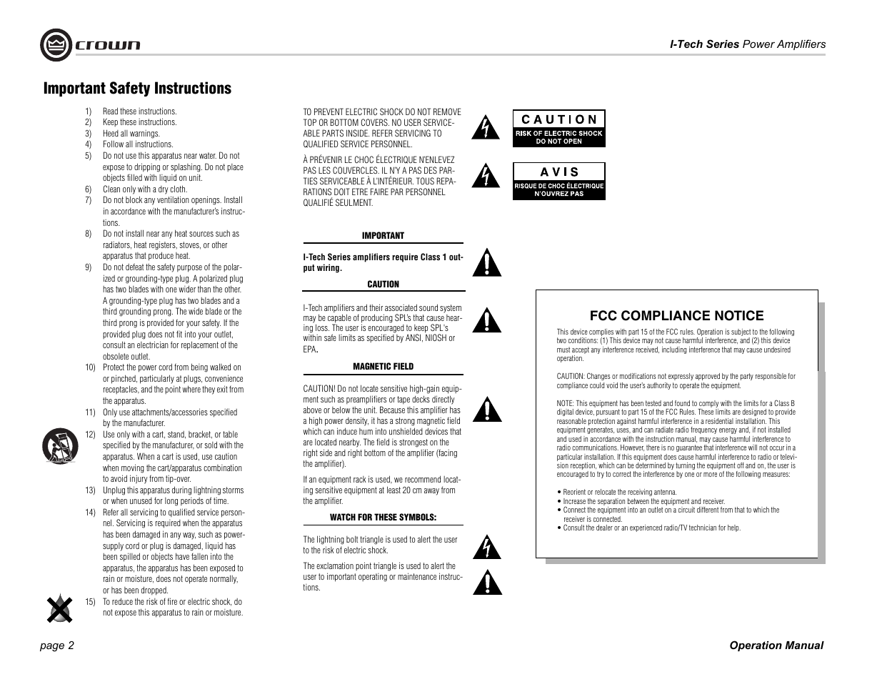 Important safety instructions, Fcc compliance notice | Crown Audio I-Tech Series User Manual | Page 2 / 48