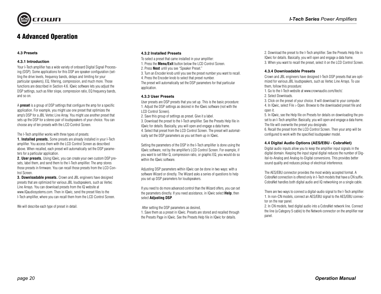 4 advanced operation | Crown Audio I-Tech Series User Manual | Page 20 / 48