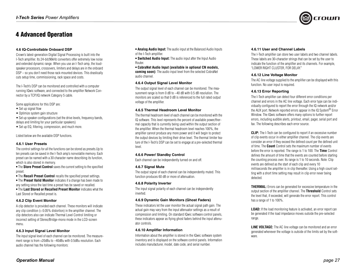 4 advanced operation | Crown Audio I-Tech Series User Manual | Page 27 / 48