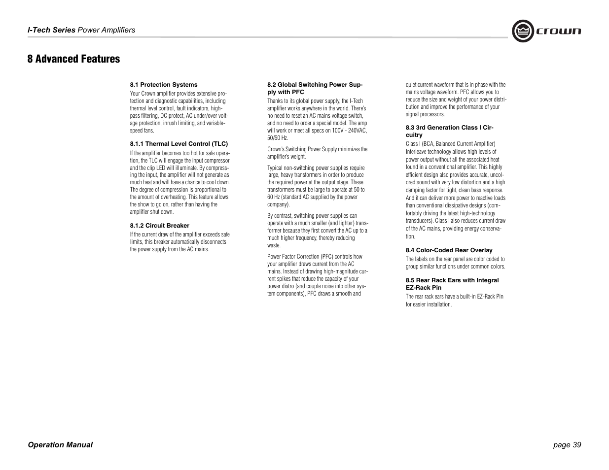 8 advanced features | Crown Audio I-Tech Series User Manual | Page 39 / 48