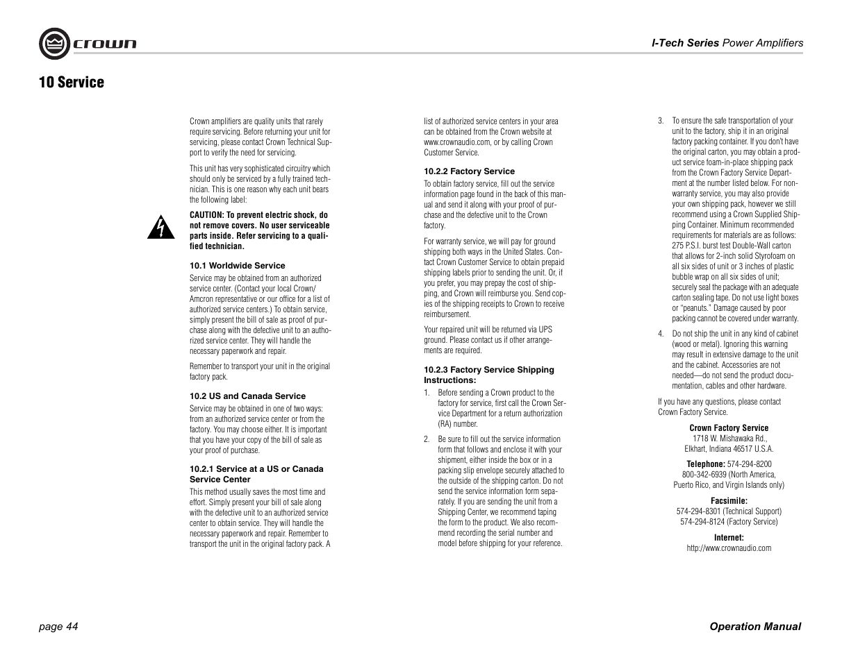 10 service | Crown Audio I-Tech Series User Manual | Page 44 / 48