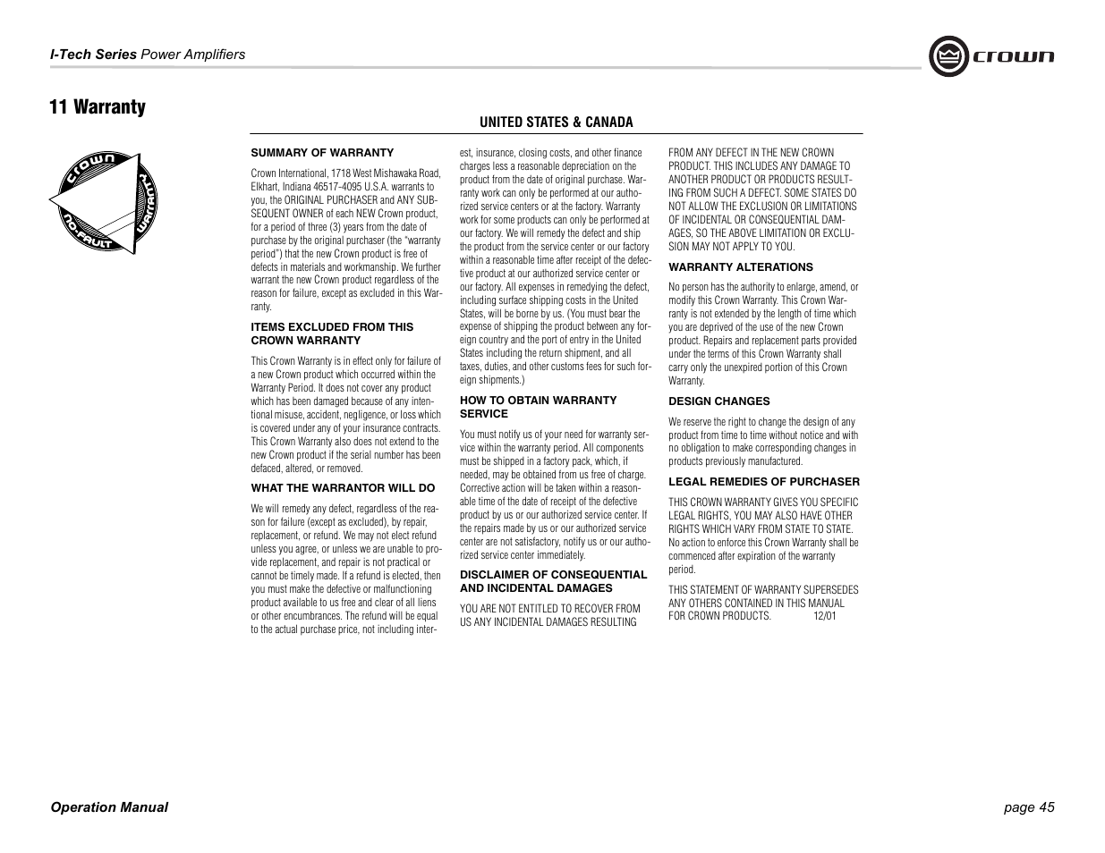 11 warranty | Crown Audio I-Tech Series User Manual | Page 45 / 48