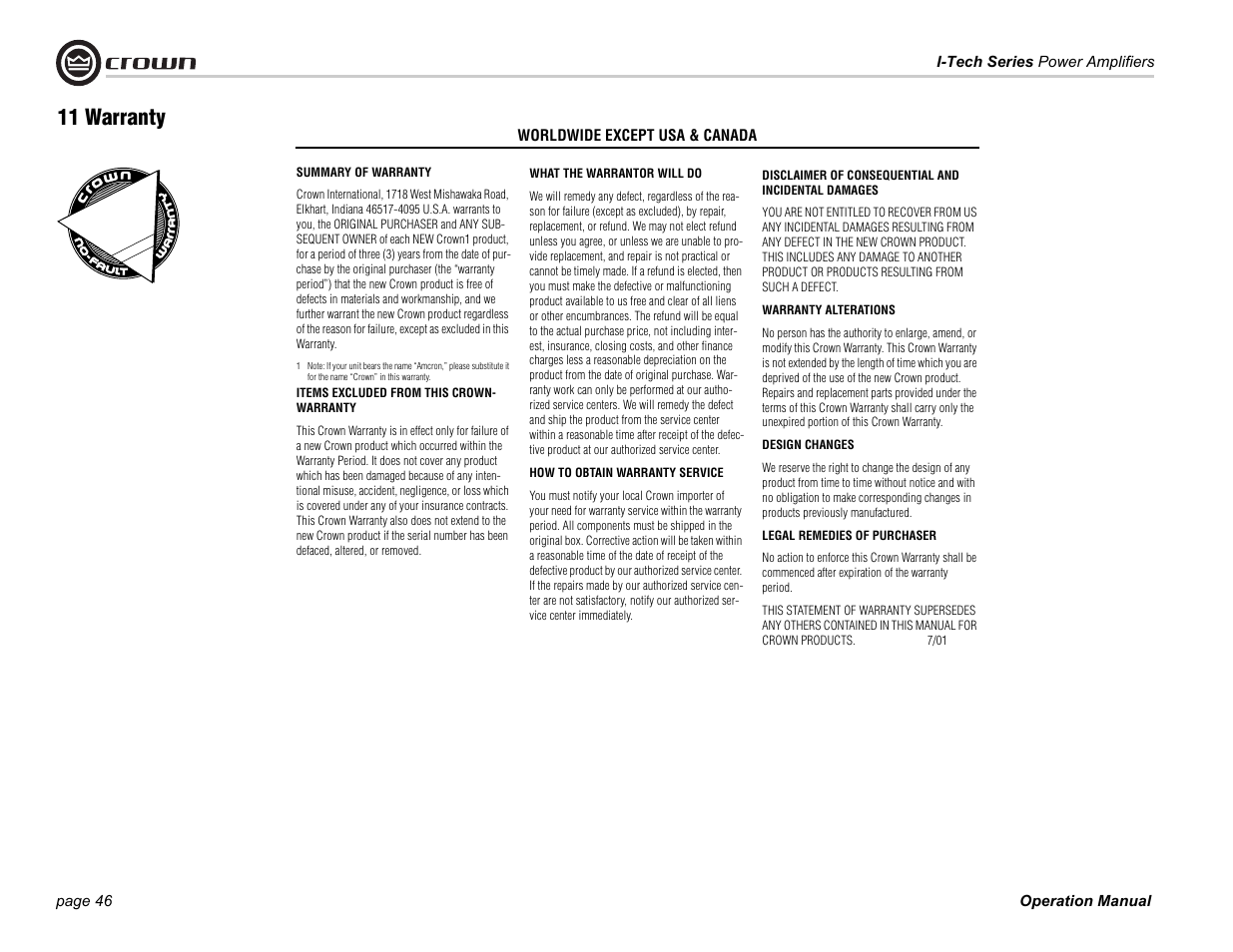 11 warranty | Crown Audio I-Tech Series User Manual | Page 46 / 48