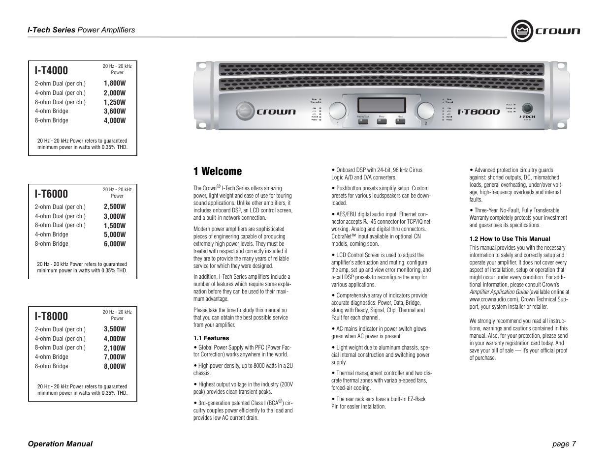 1 welcome, I-t4000, I-t8000 | I-t6000 | Crown Audio I-Tech Series User Manual | Page 7 / 48