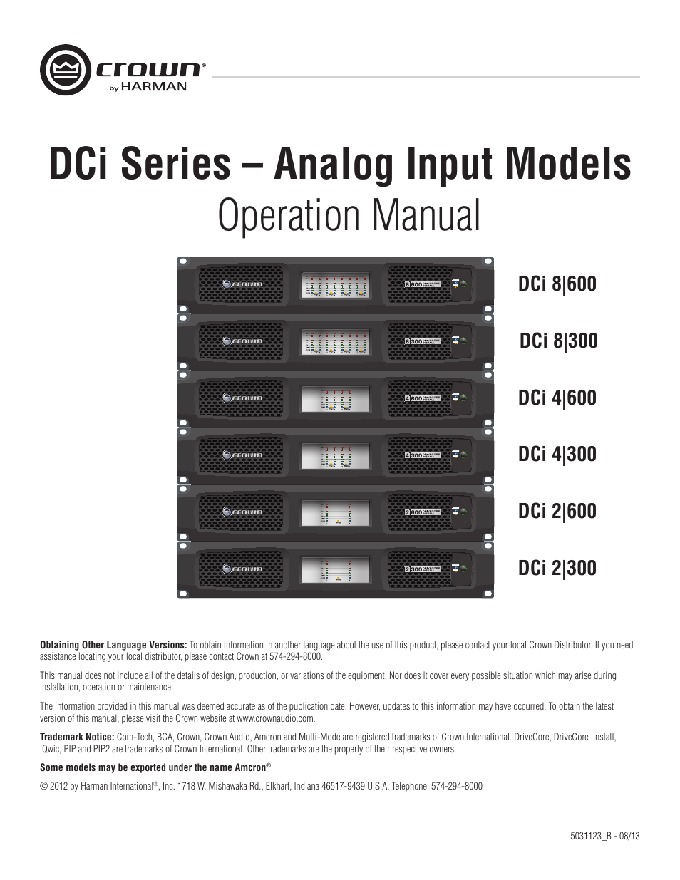 Crown Audio DCi Series – Analog Input Models User Manual | 32 pages