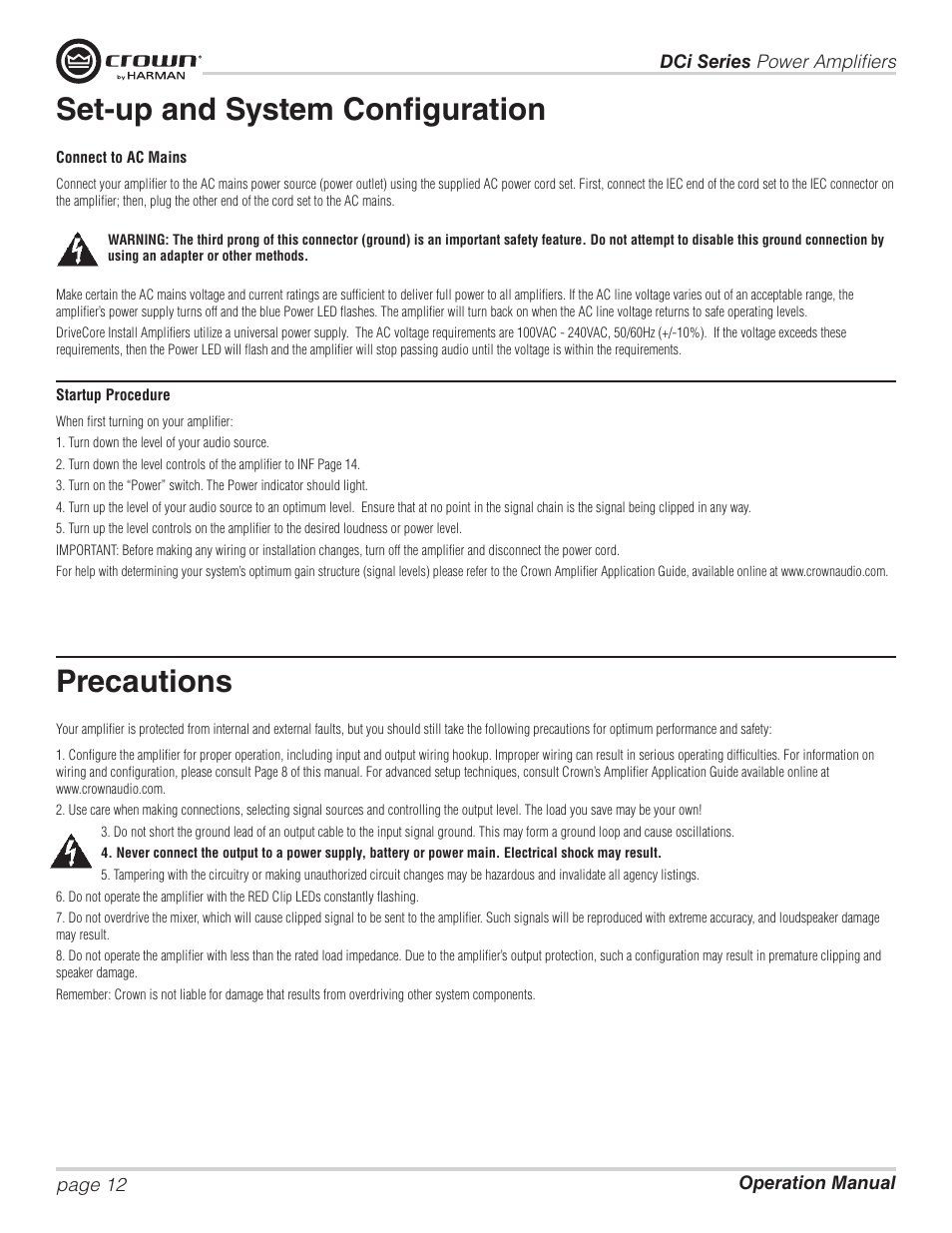 Set-up and system configuration, Precautions | Crown Audio DCi Series – Analog Input Models User Manual | Page 12 / 32
