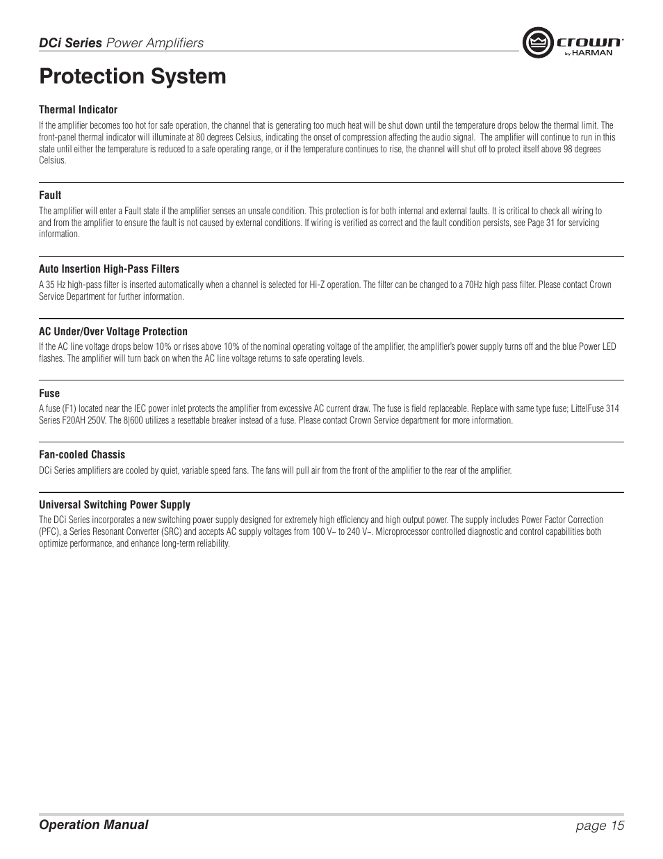 Protection system | Crown Audio DCi Series – Analog Input Models User Manual | Page 15 / 32