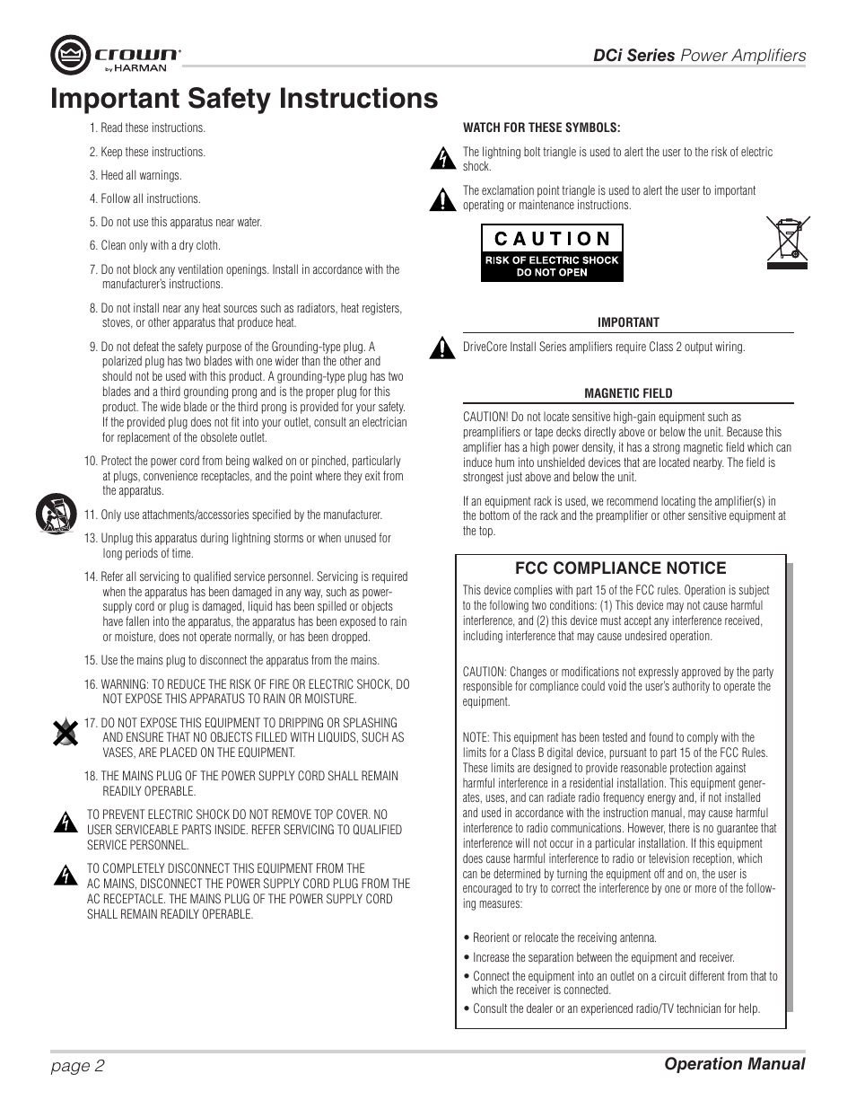 Important safety instructions, Fcc compliance notice | Crown Audio DCi Series – Analog Input Models User Manual | Page 2 / 32